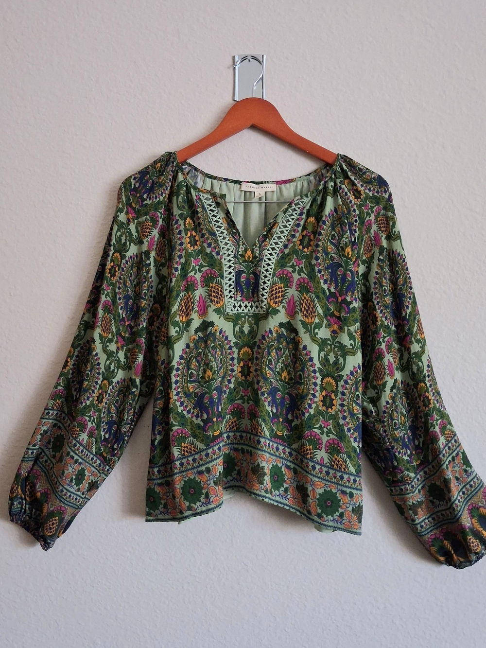 Boho Green Printed Peasant Blouse - Farmers Market